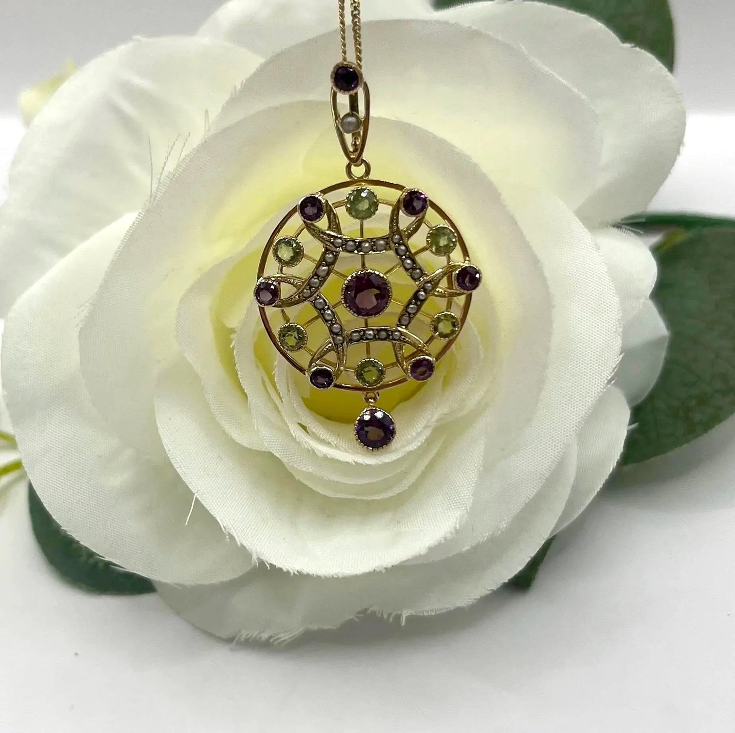 Antique Edwardian 9ct Gold Amethyst Pearl Peridot Suffragette Pendant