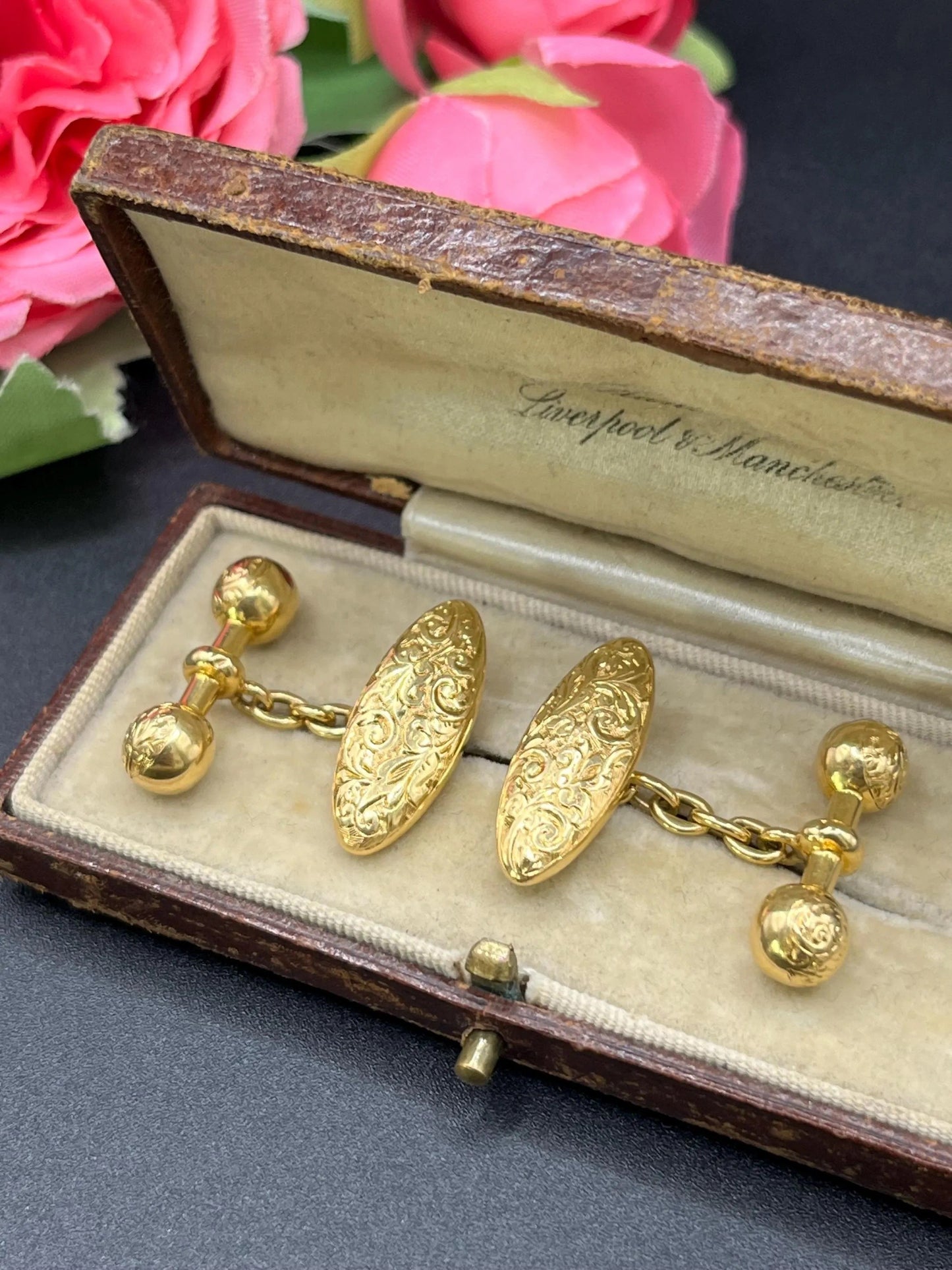 Victorian 18 Carat Yellow Gold Hand Engraved Cufflinks, Circa 1880