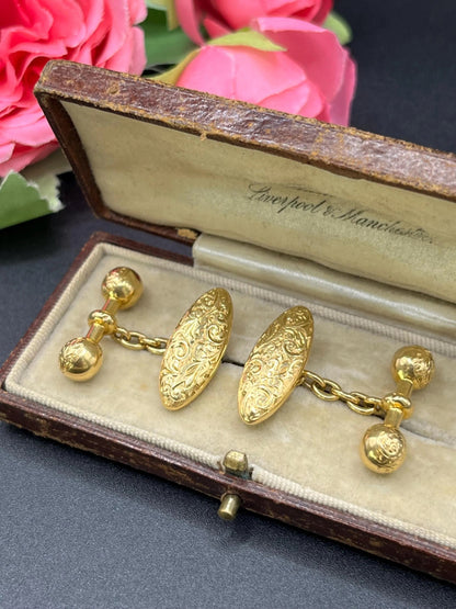 Victorian 18 Carat Yellow Gold Hand Engraved Cufflinks, Circa 1880