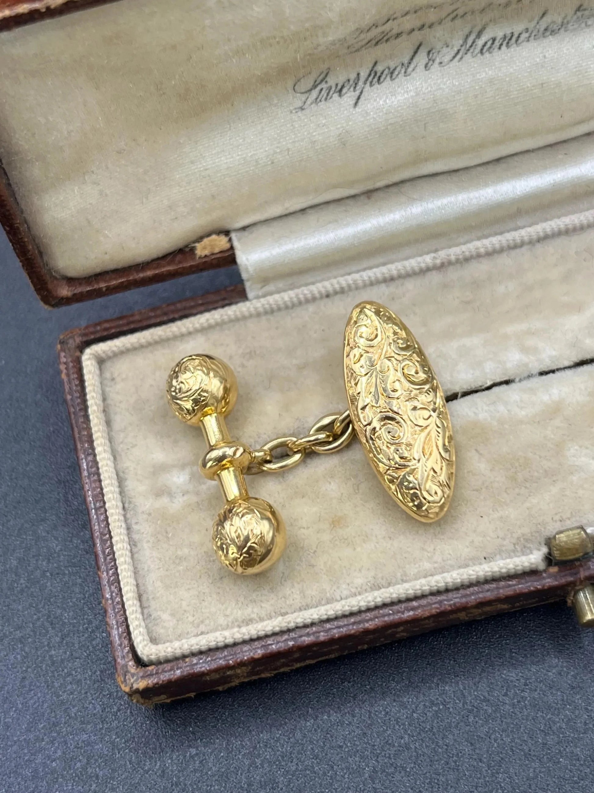 Victorian 18 Carat Yellow Gold Hand Engraved Cufflinks, Circa 1880