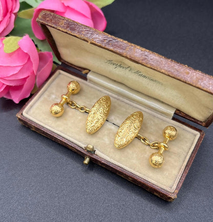 Victorian 18 Carat Yellow Gold Hand Engraved Cufflinks, Circa 1880