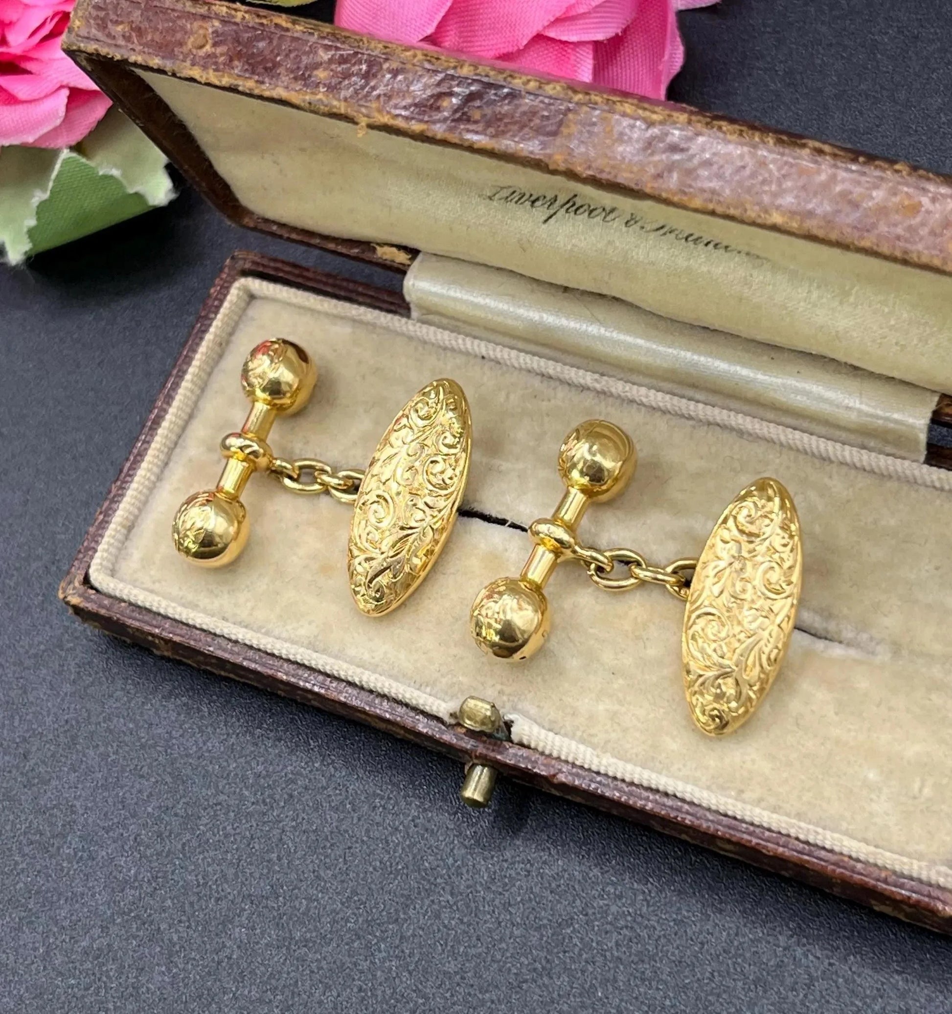 Victorian 18 Carat Yellow Gold Hand Engraved Cufflinks, Circa 1880