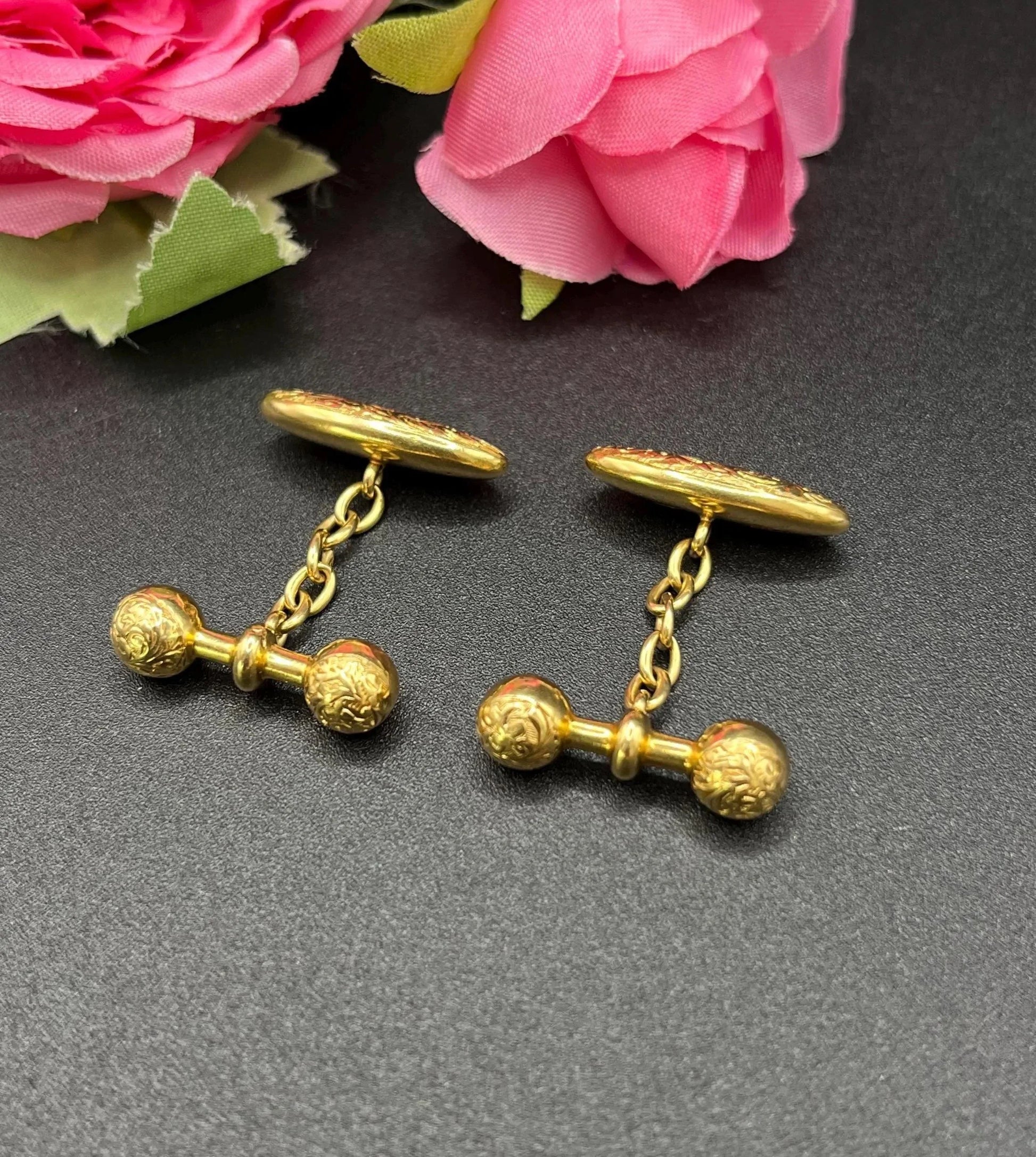 Victorian 18 Carat Yellow Gold Hand Engraved Cufflinks, Circa 1880