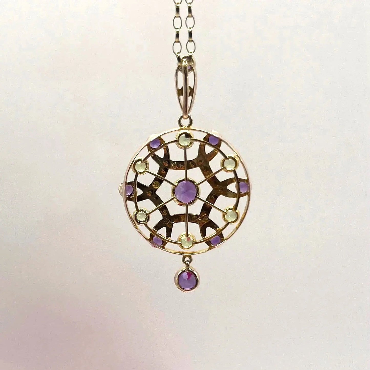 Antique Edwardian 9ct Gold Amethyst Pearl Peridot Suffragette Pendant