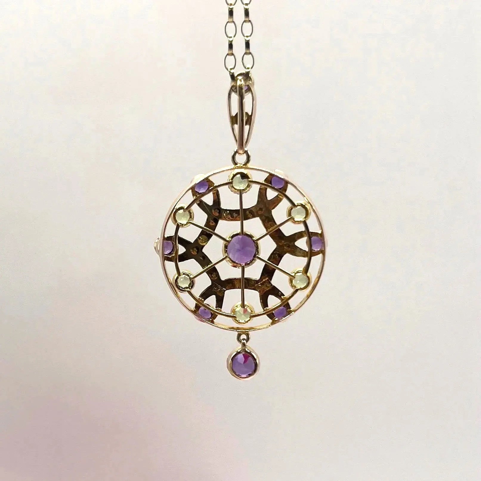 Antique Edwardian 9ct Gold Amethyst Pearl Peridot Suffragette Pendant