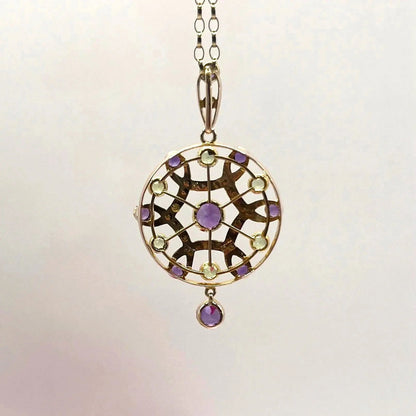 Antique Edwardian 9ct Gold Amethyst Pearl Peridot Suffragette Pendant