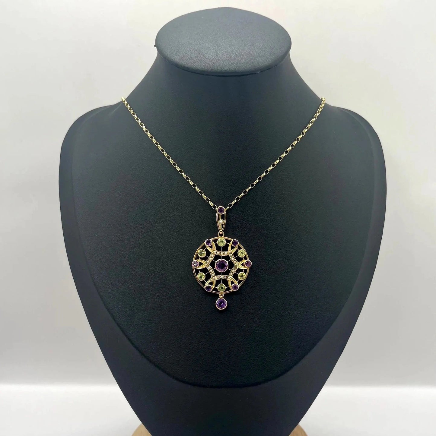 Antique Edwardian 9ct Gold Amethyst Pearl Peridot Suffragette Pendant