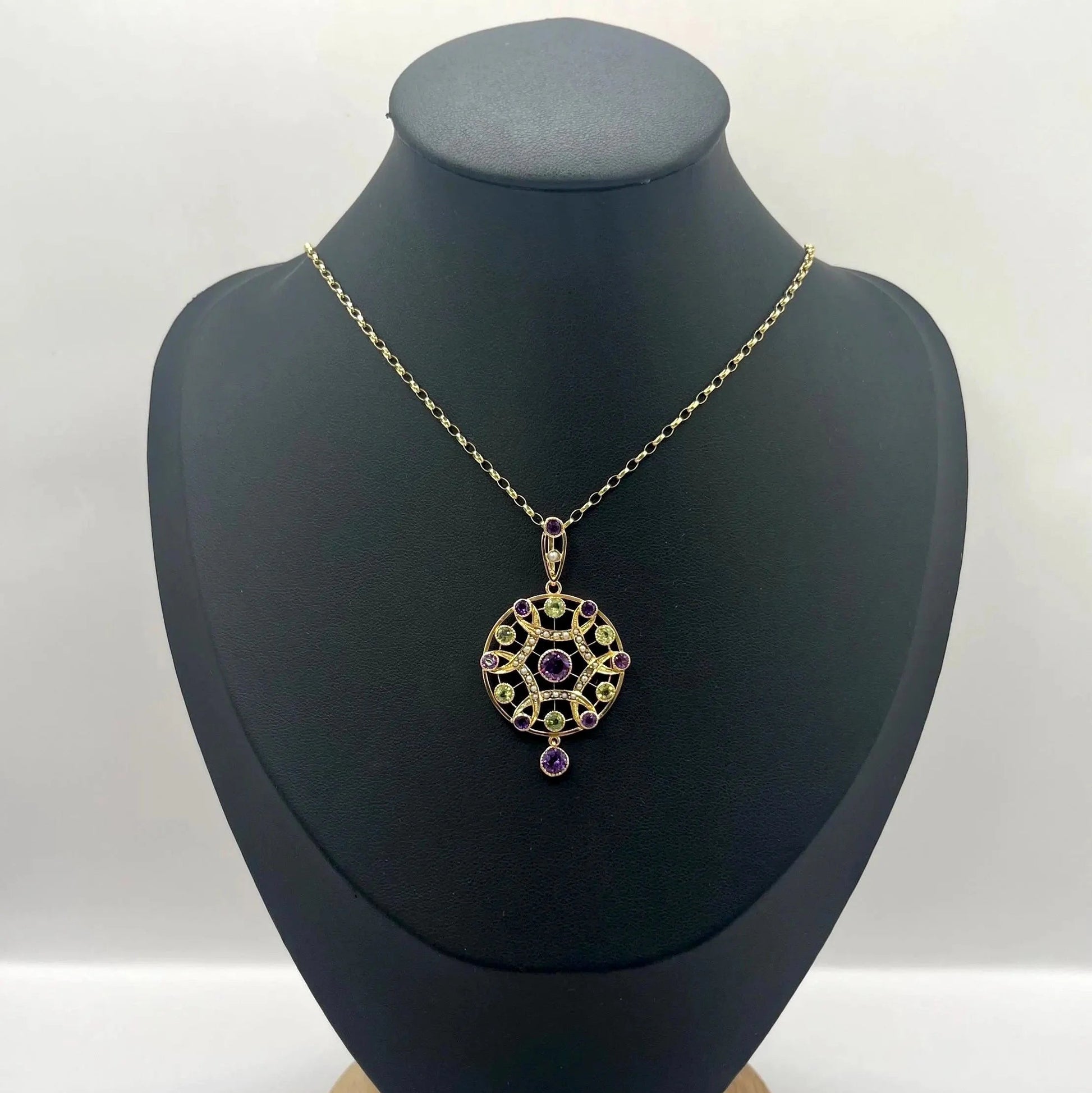 Antique Edwardian 9ct Gold Amethyst Pearl Peridot Suffragette Pendant