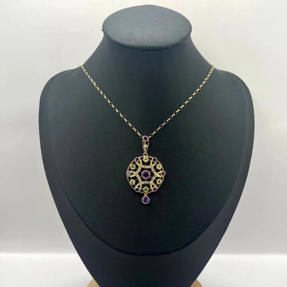 Antique Edwardian 9ct Gold Amethyst Pearl Peridot Suffragette Pendant