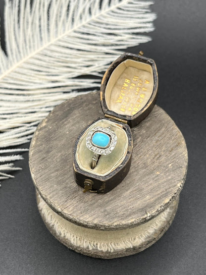 Vintage Art Deco Style Platinum, Turquoise and Diamond Cluster Ring