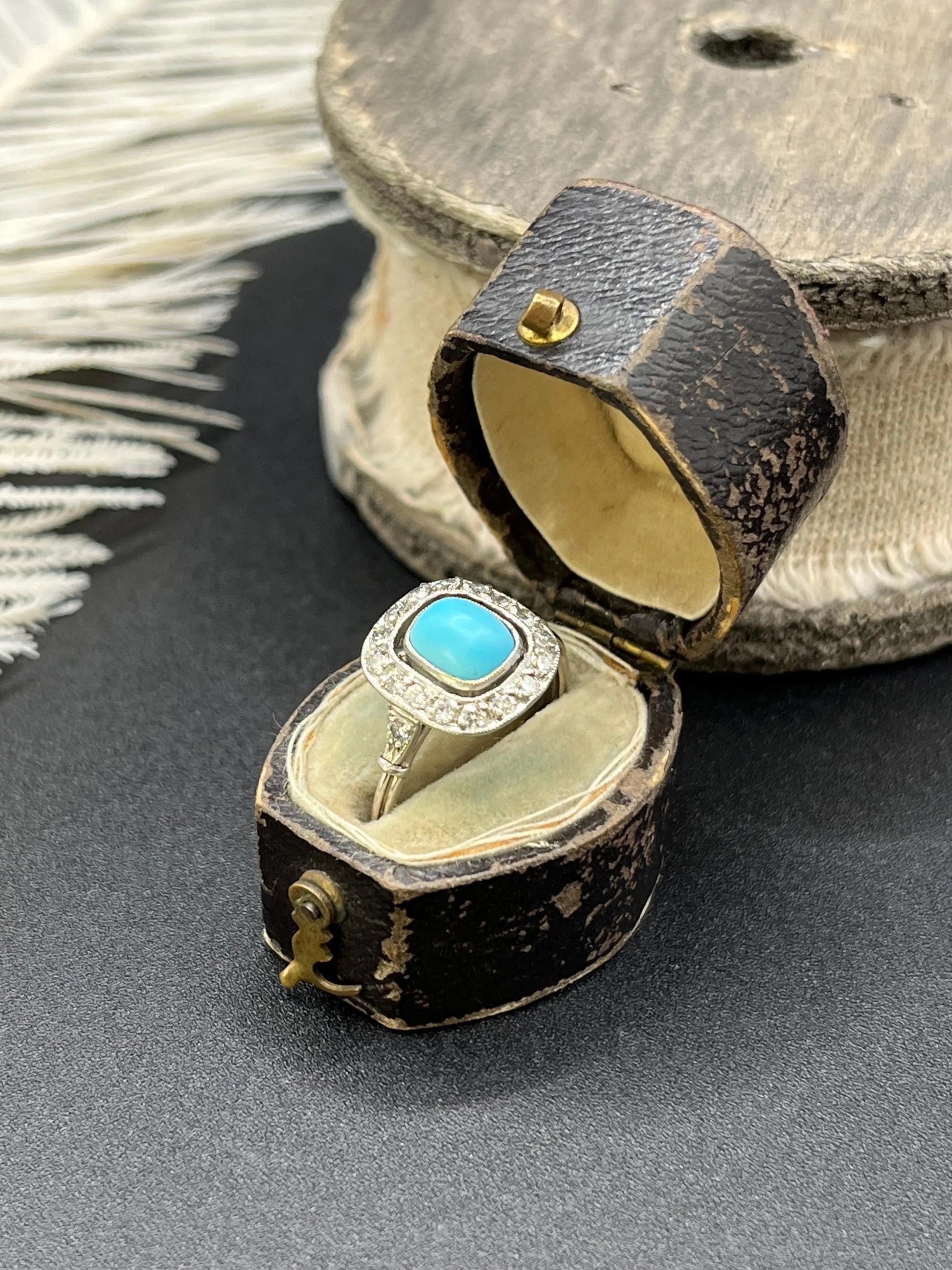 Vintage Art Deco Style Platinum, Turquoise and Diamond Cluster Ring
