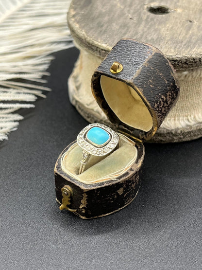 Vintage Art Deco Style Platinum, Turquoise and Diamond Cluster Ring