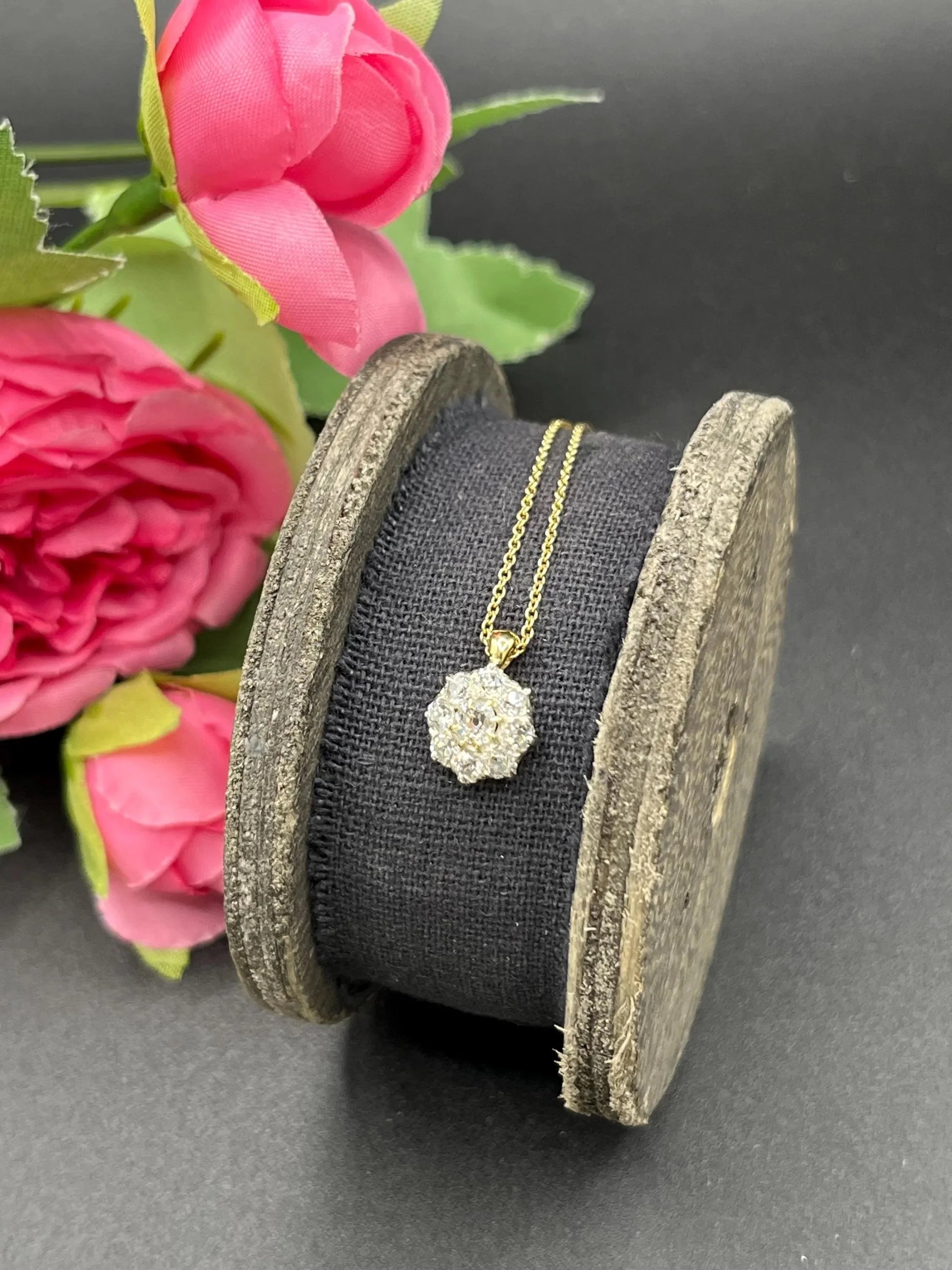 Antique 18 Carat Gold Diamond Cluster Pendant on 9 Carat Gold Chain, 0.95 Carat
