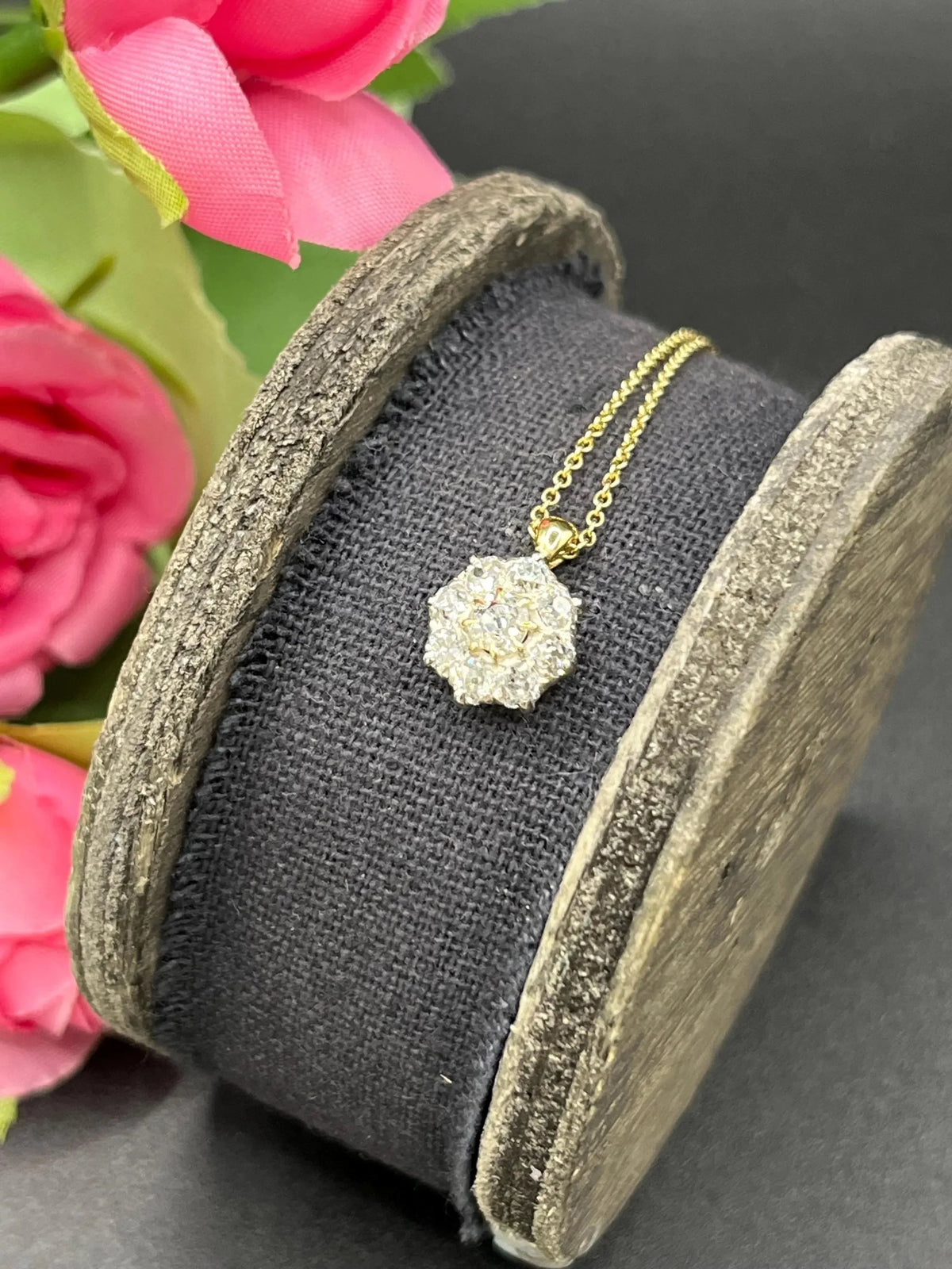 Antique 18 Carat Gold Diamond Cluster Pendant on 9 Carat Gold Chain, 0.95 Carat
