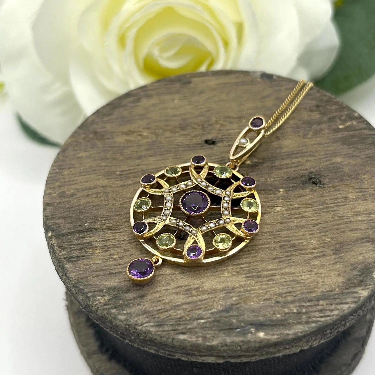Antique Edwardian 9ct Gold Amethyst Pearl Peridot Suffragette Pendant
