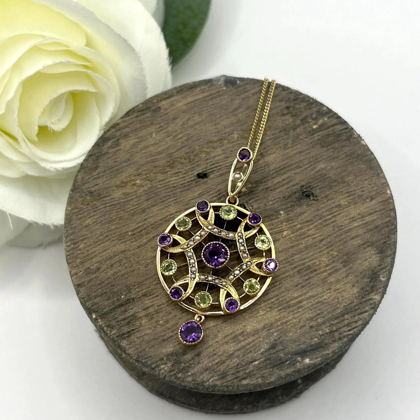 Antique Edwardian 9ct Gold Amethyst Pearl Peridot Suffragette Pendant