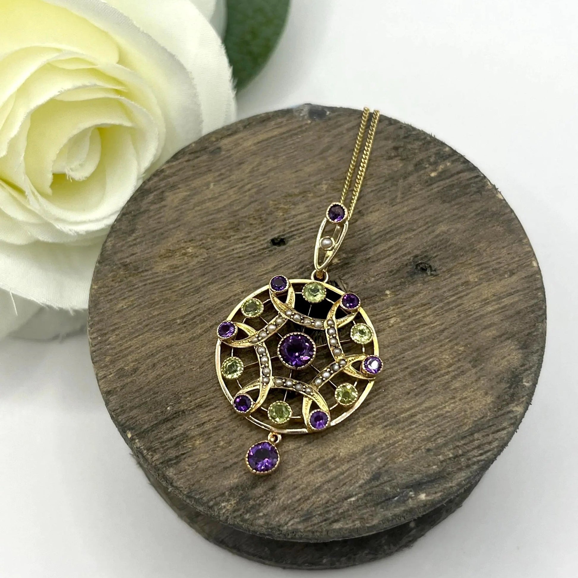 Antique Edwardian 9ct Gold Amethyst Pearl Peridot Suffragette Pendant