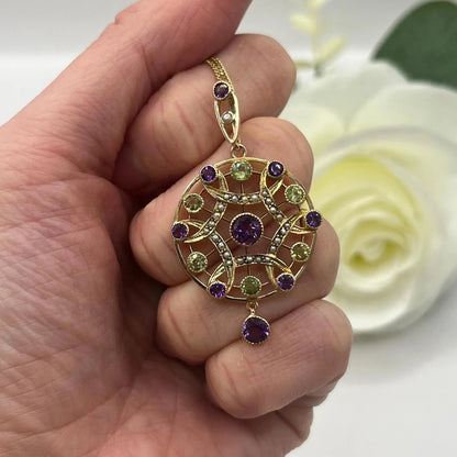 Antique Edwardian 9ct Gold Amethyst Pearl Peridot Suffragette Pendant