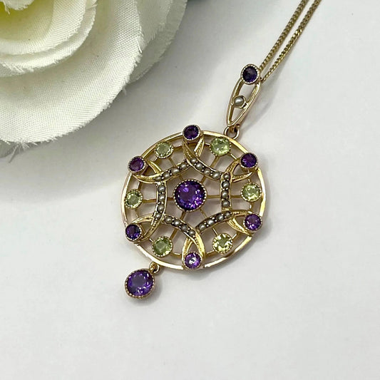 Antique Edwardian 9ct Gold Amethyst Pearl Peridot Suffragette Pendant