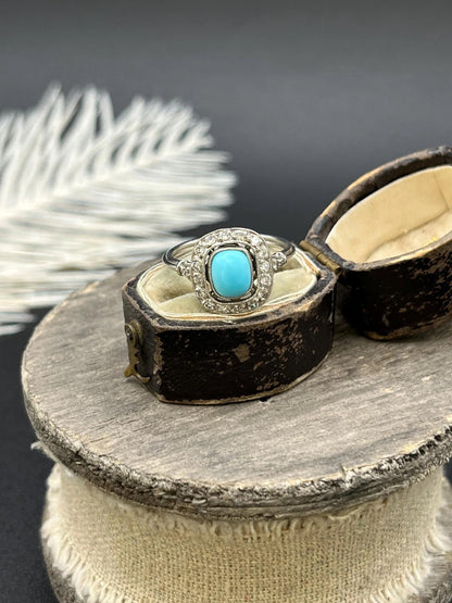 Vintage Art Deco Style Platinum, Turquoise and Diamond Cluster Ring