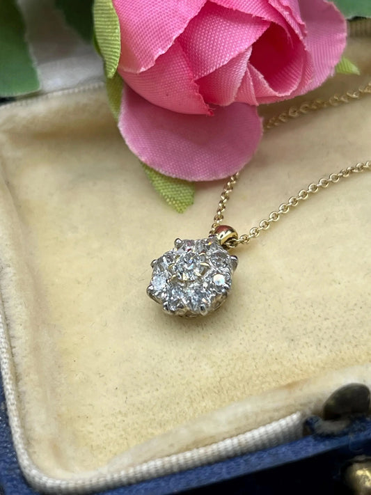 Antique 18 Carat Gold Diamond Cluster Pendant on 9 Carat Gold Chain, 0.95 Carat