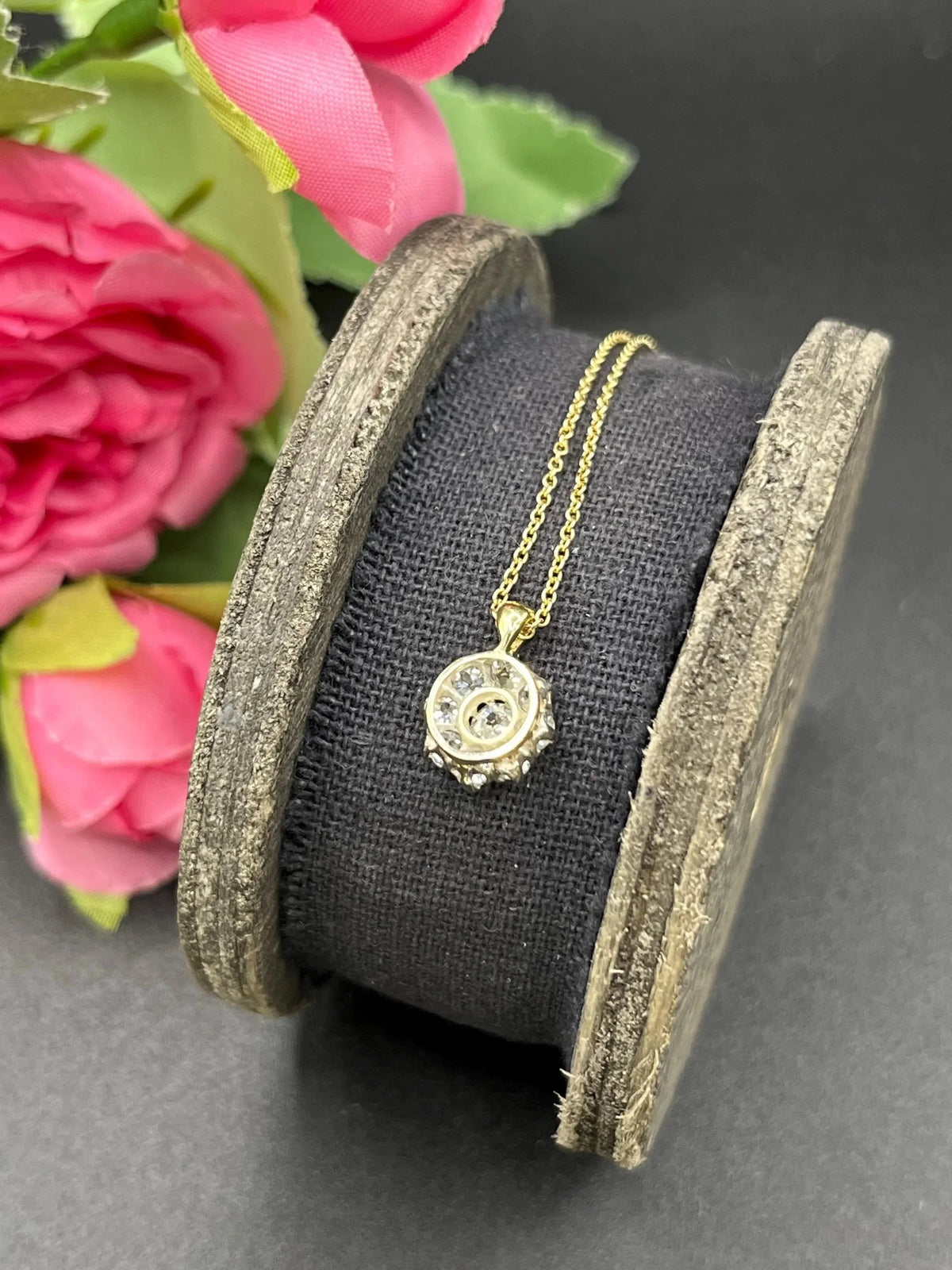 Antique 18 Carat Gold Diamond Cluster Pendant on 9 Carat Gold Chain, 0.95 Carat