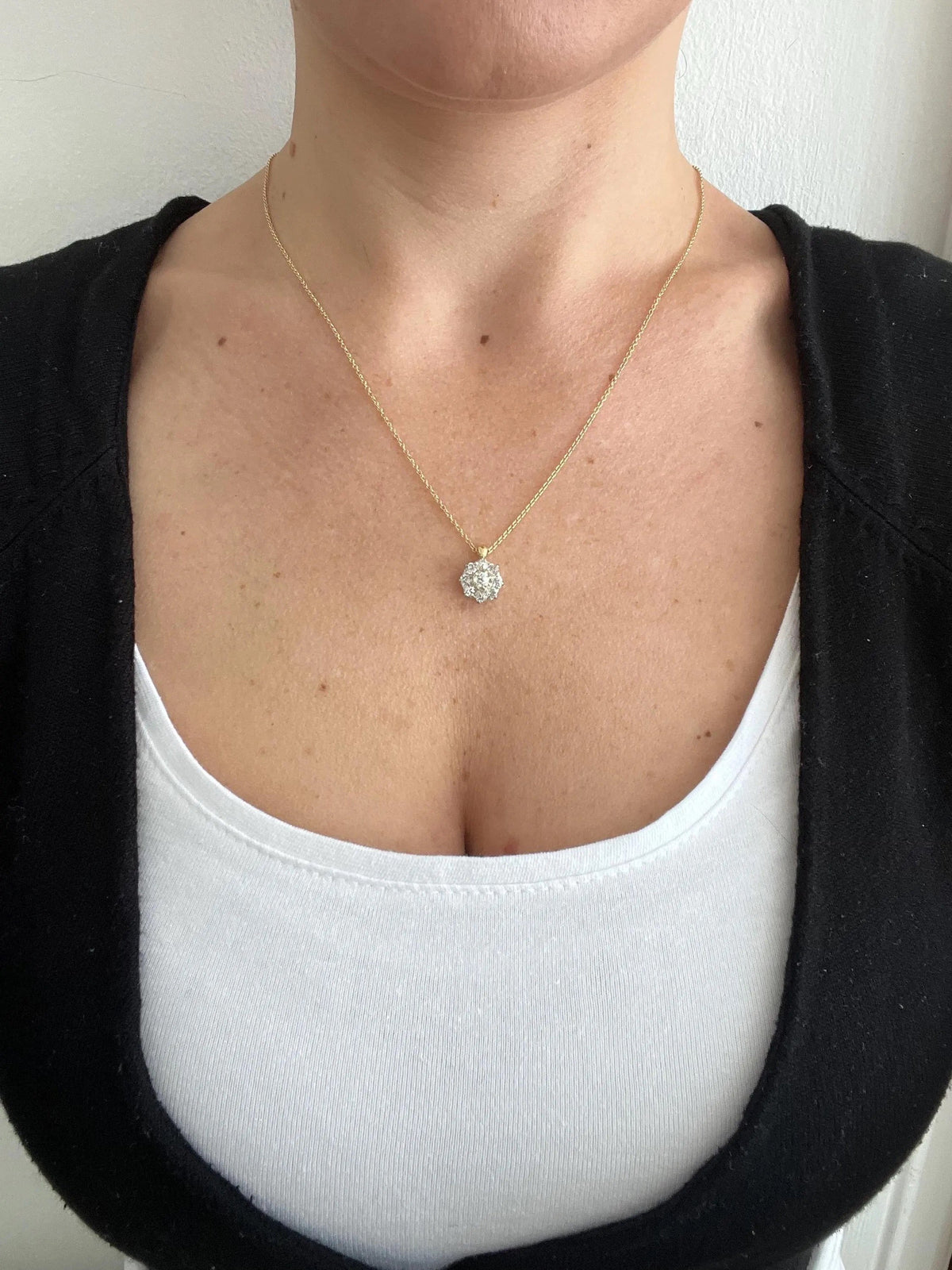 Antique 18 Carat Gold Diamond Cluster Pendant on 9 Carat Gold Chain, 0.95 Carat
