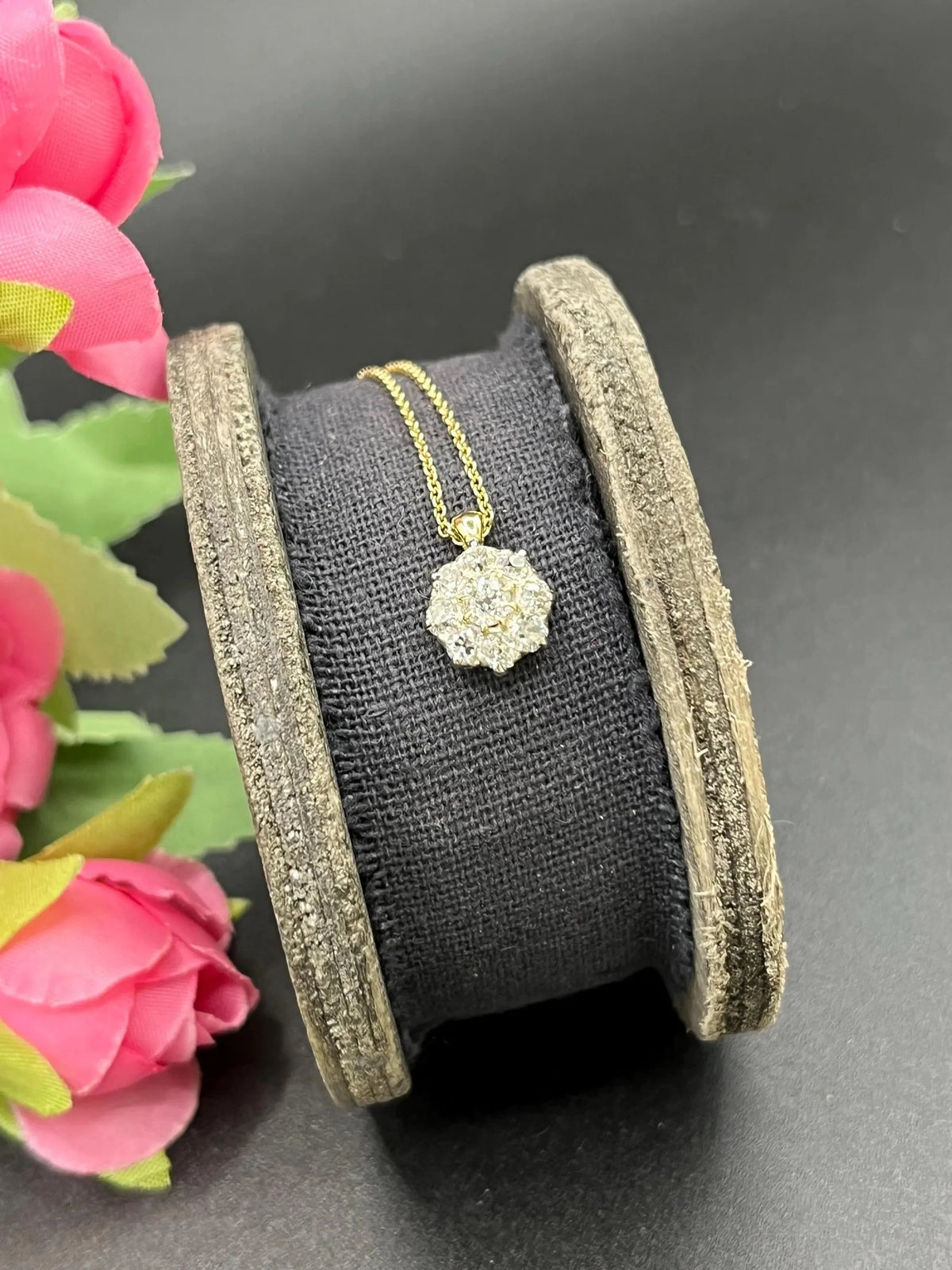 Antique 18 Carat Gold Diamond Cluster Pendant on 9 Carat Gold Chain, 0.95 Carat