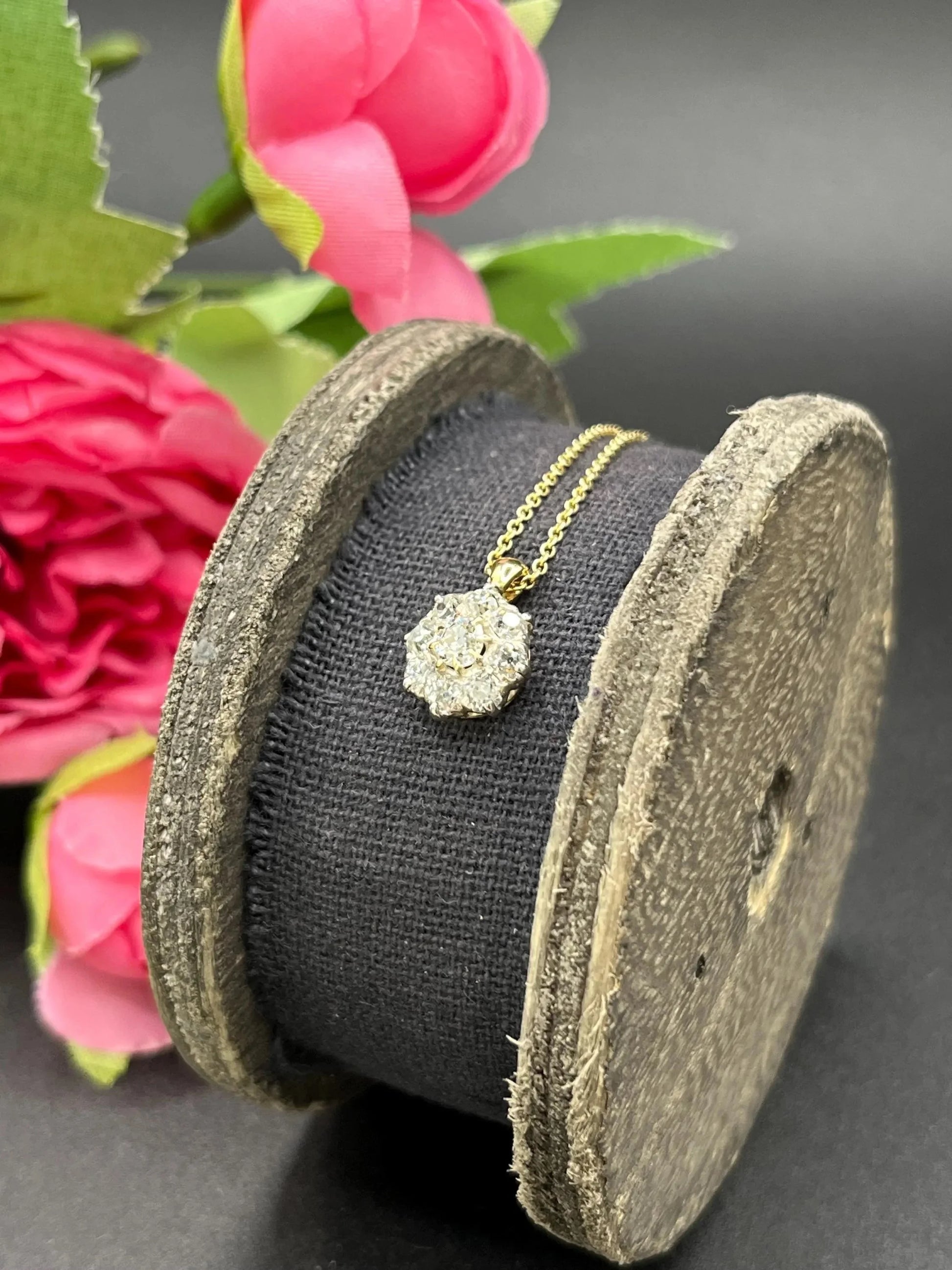 Antique 18 Carat Gold Diamond Cluster Pendant on 9 Carat Gold Chain, 0.95 Carat