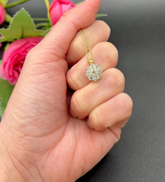 Antique 18 Carat Gold Diamond Cluster Pendant on 9 Carat Gold Chain, 0.95 Carat