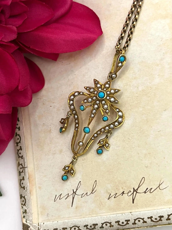 Edwardian 15 Carat Gold Turquoise and Pearl Pendant, Circa 1910