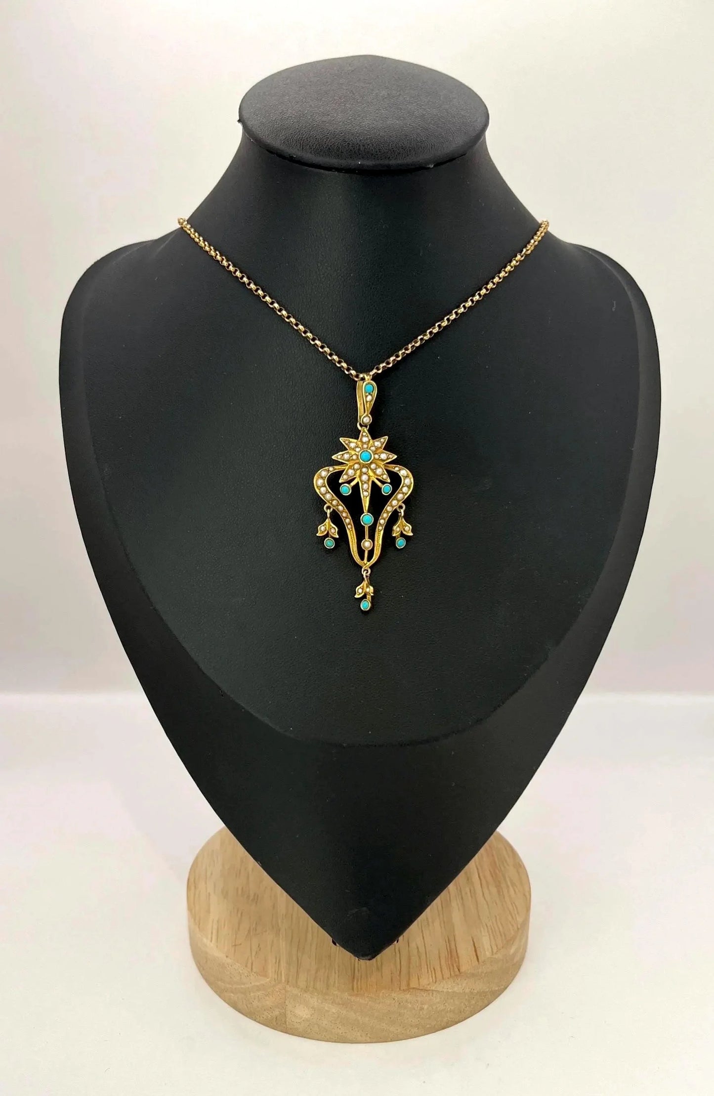 Edwardian 15 Carat Gold Turquoise and Pearl Pendant, Circa 1910