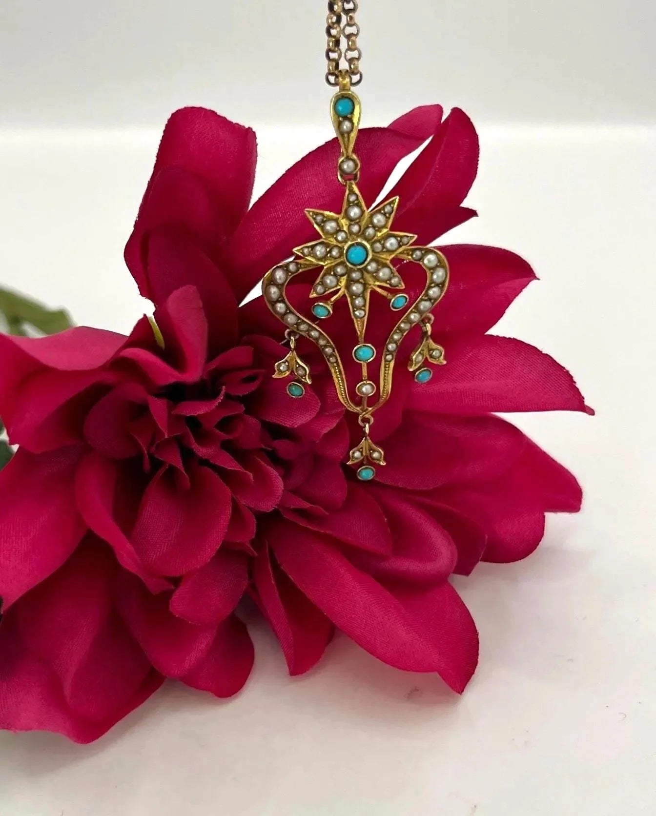 Edwardian 15 Carat Gold Turquoise and Pearl Pendant, Circa 1910