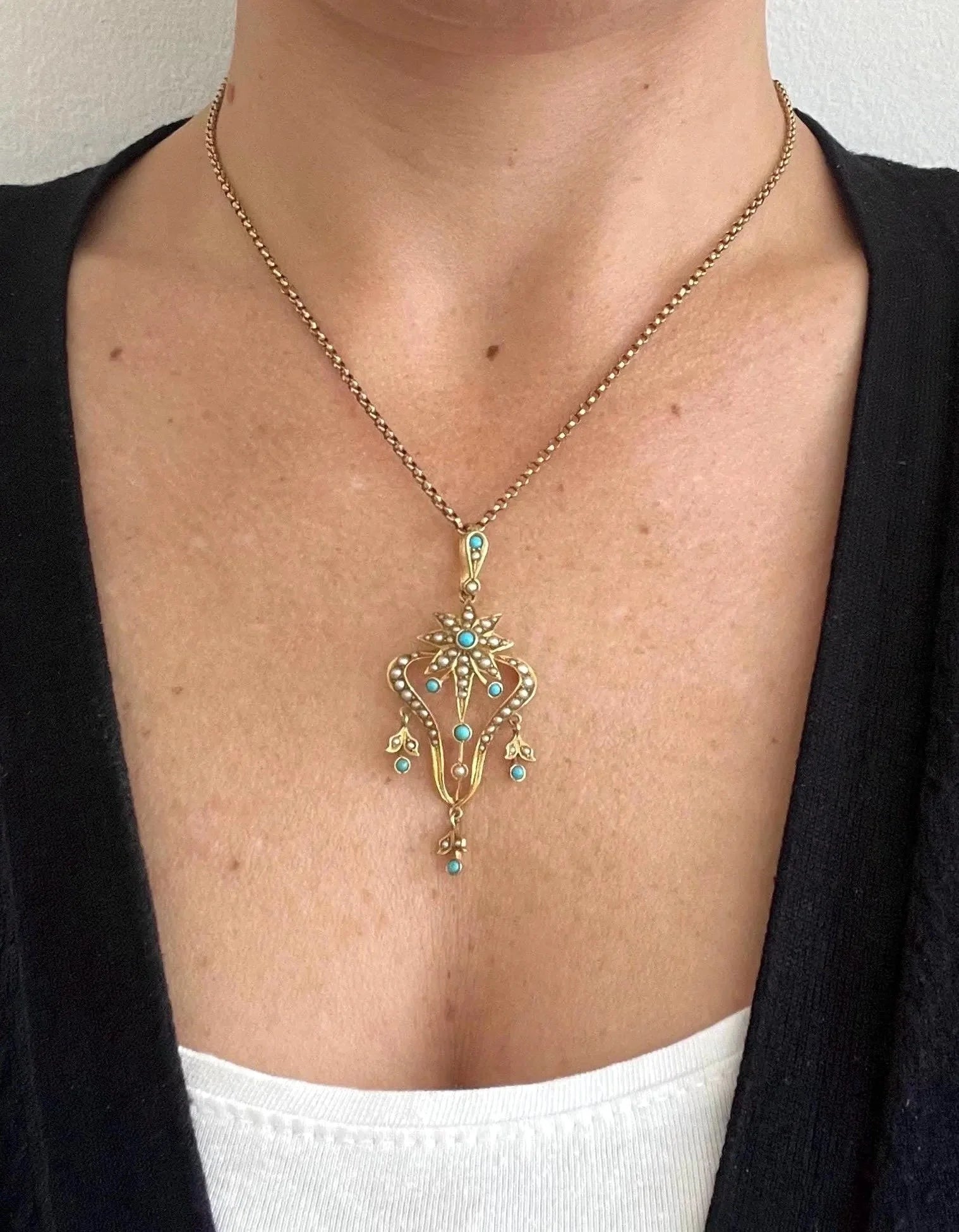 Edwardian 15 Carat Gold Turquoise and Pearl Pendant, Circa 1910