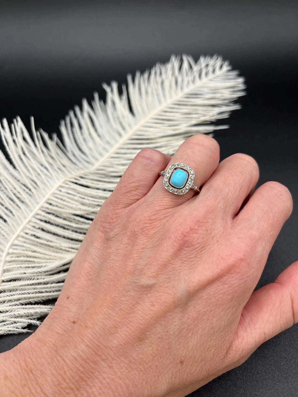 Vintage Art Deco Style Platinum, Turquoise and Diamond Cluster Ring