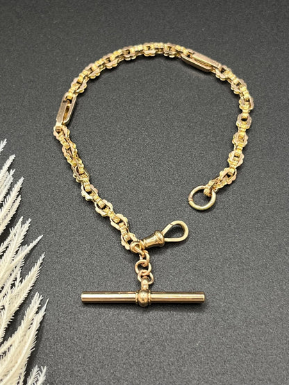 Antique 9 Carat Yellow Gold Fancy Link Bracelet With T Bar, Circa 1900