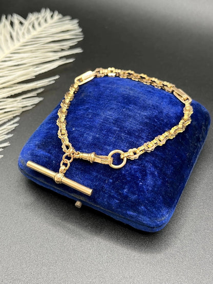 Antique 9 Carat Yellow Gold Fancy Link Bracelet With T Bar, Circa 1900
