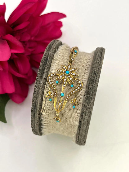 Edwardian 15 Carat Gold Turquoise and Pearl Pendant, Circa 1910
