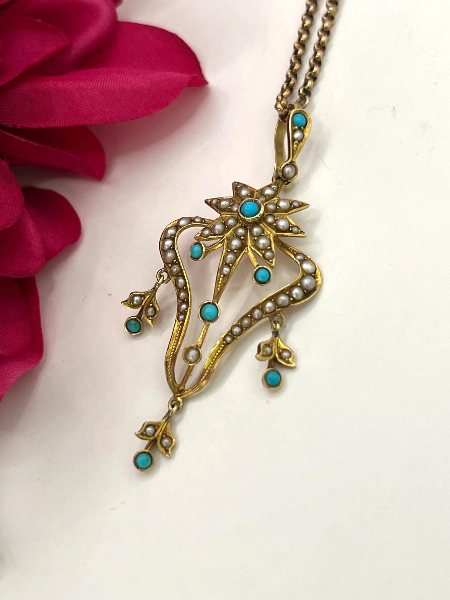 Edwardian 15 Carat Gold Turquoise and Pearl Pendant, Circa 1910