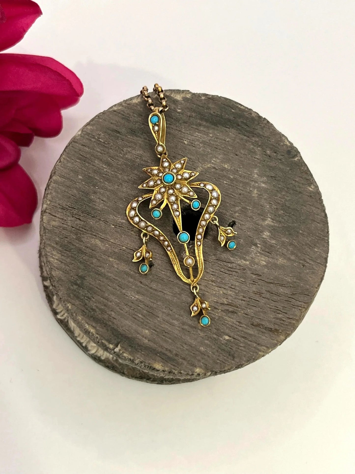 Edwardian 15 Carat Gold Turquoise and Pearl Pendant, Circa 1910