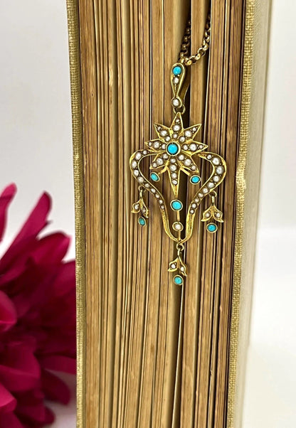 Edwardian 15 Carat Gold Turquoise and Pearl Pendant, Circa 1910