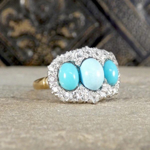 Victorian Turquoise And Old Cut Diamond Triple Cluster Ring In 18 Carat Yellow And White Gold