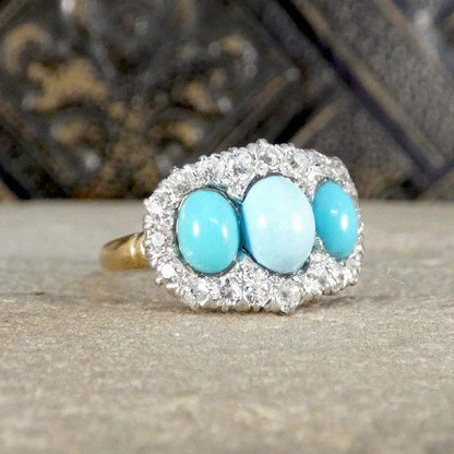 Victorian Turquoise And Old Cut Diamond Triple Cluster Ring In 18 Carat Yellow And White Gold