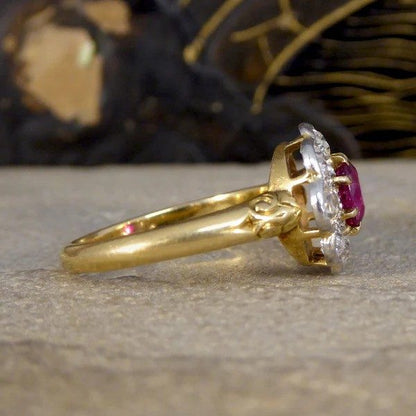 Ruby and diamond cluster ring in yellow and white gold.