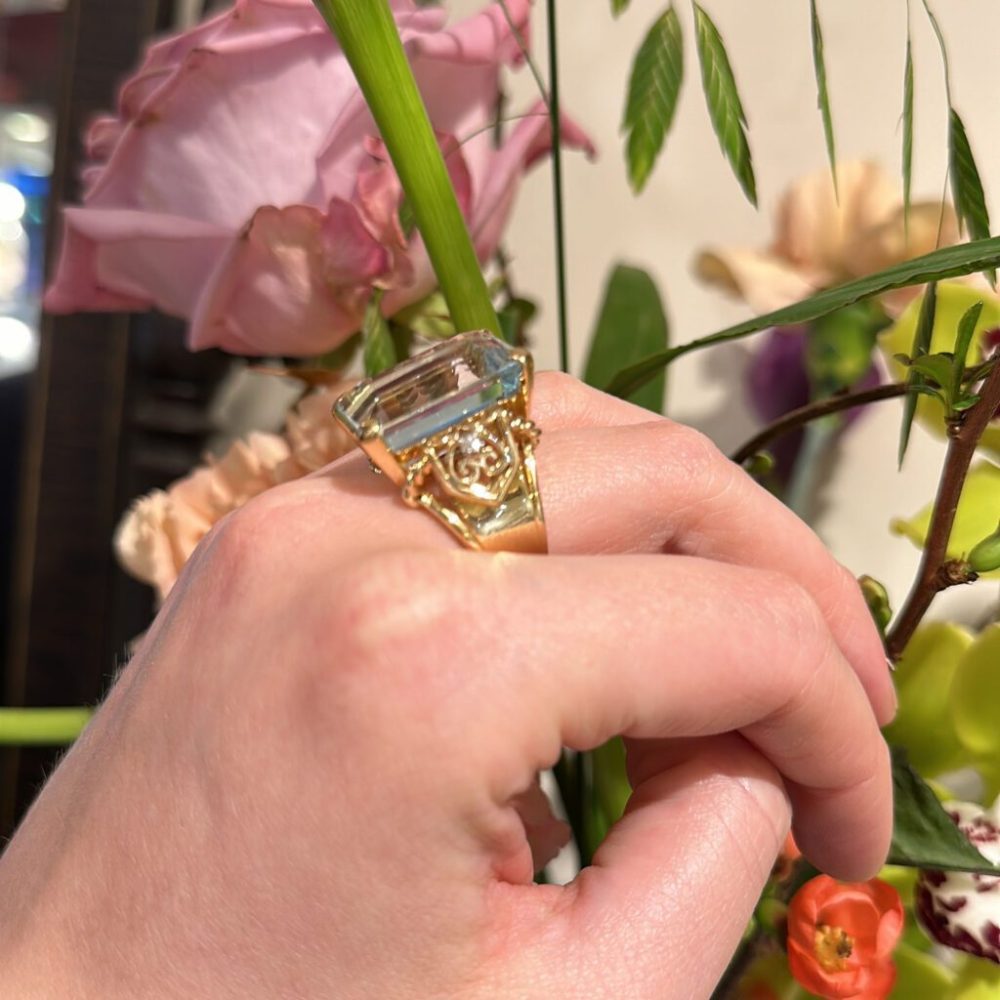 23 Carat Aquamarine And Diamond Tank Ring In 18 Carat Yellow Gold