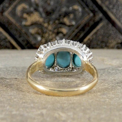 Victorian Turquoise And Old Cut Diamond Triple Cluster Ring In 18 Carat Yellow And White Gold