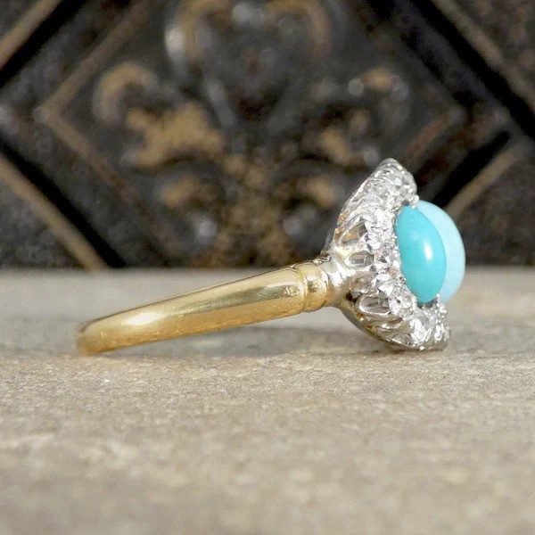Victorian Turquoise And Old Cut Diamond Triple Cluster Ring In 18 Carat Yellow And White Gold