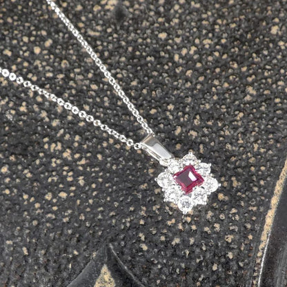 Vintage Ruby And Diamond Cluster Earrings and Necklace Set Suite in 18ct White Gold