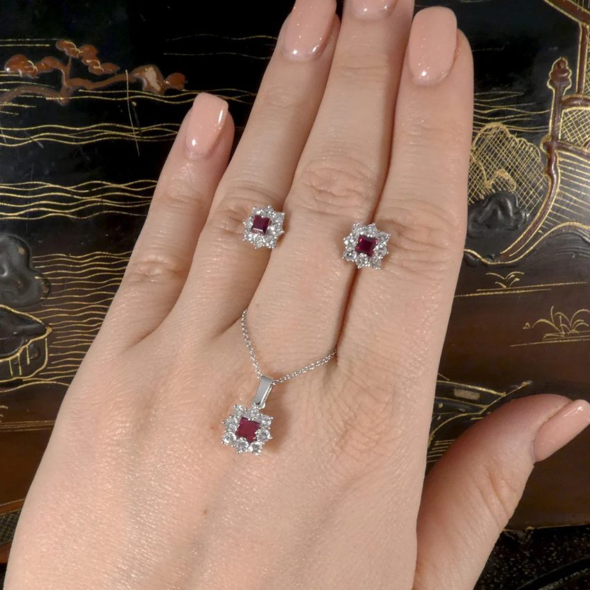 Vintage Ruby And Diamond Cluster Earrings and Necklace Set Suite in 18ct White Gold