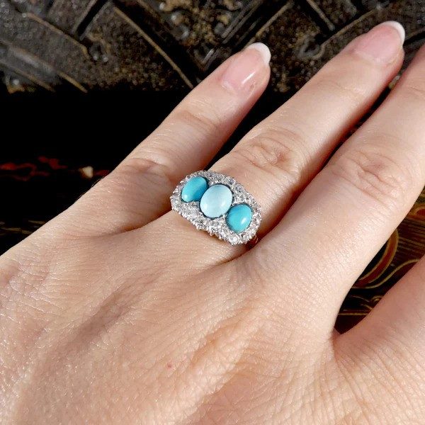 Victorian Turquoise And Old Cut Diamond Triple Cluster Ring In 18 Carat Yellow And White Gold